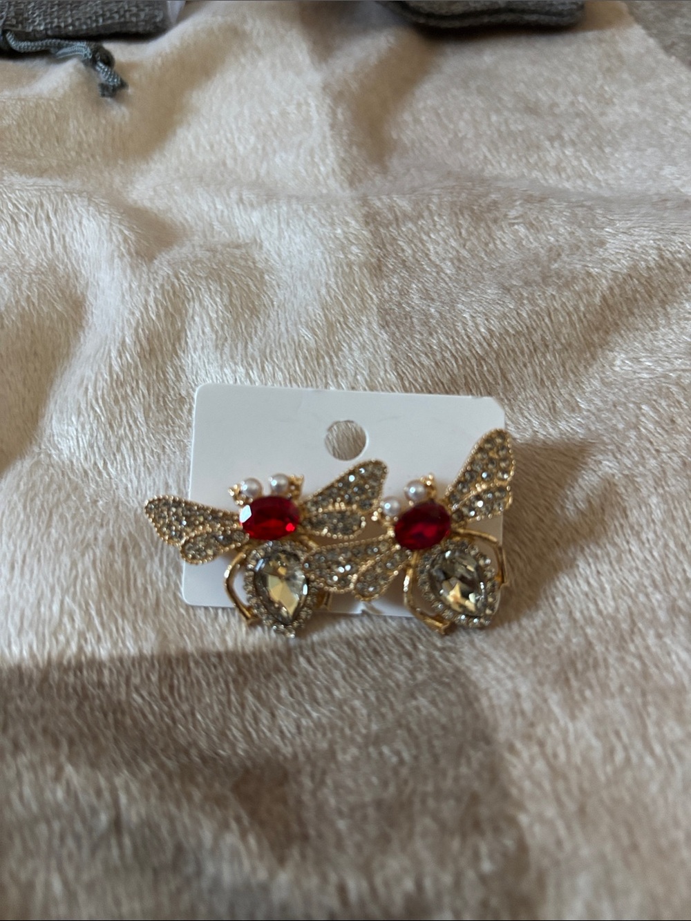 Gold Bee Crystal Earrings with Red and Clear Stones